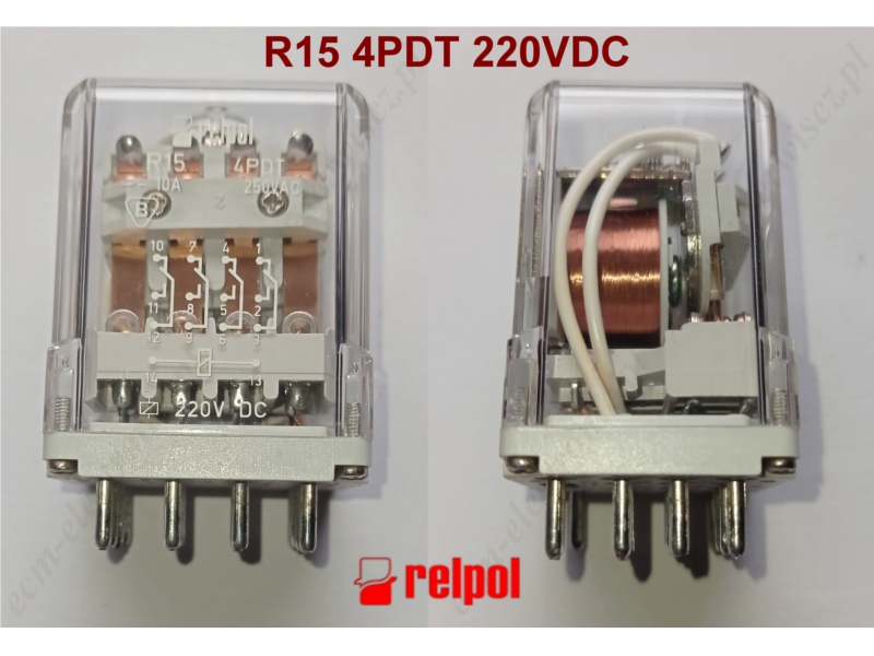 Przekanik przemysowy R15 4PDT, 10A/250VAC, cewka 220VDC